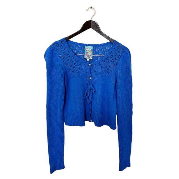 Johnny Was Blue Open Knit Wool Cashmere Blend Long Sleeve Cardigan - Picture 1 of 4